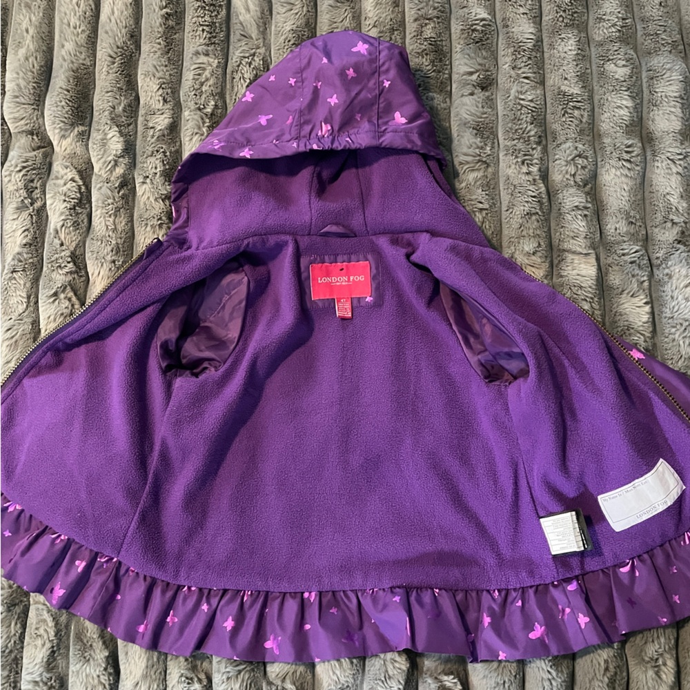 London Fog Girls Purple Pink Butterfly Hooded Jacket Coat Fleece Lining Size 4T - Picture 3 of 7